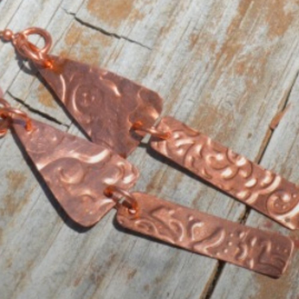 Copper Triangle Rustic Earrings Long Dangle Drop Boho Handmade Artisan Gift - Picture 1 of 7